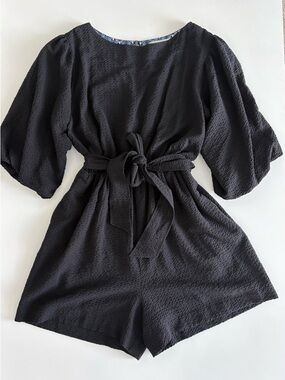 Anthropologie Black Textured Tie-Waist Romper